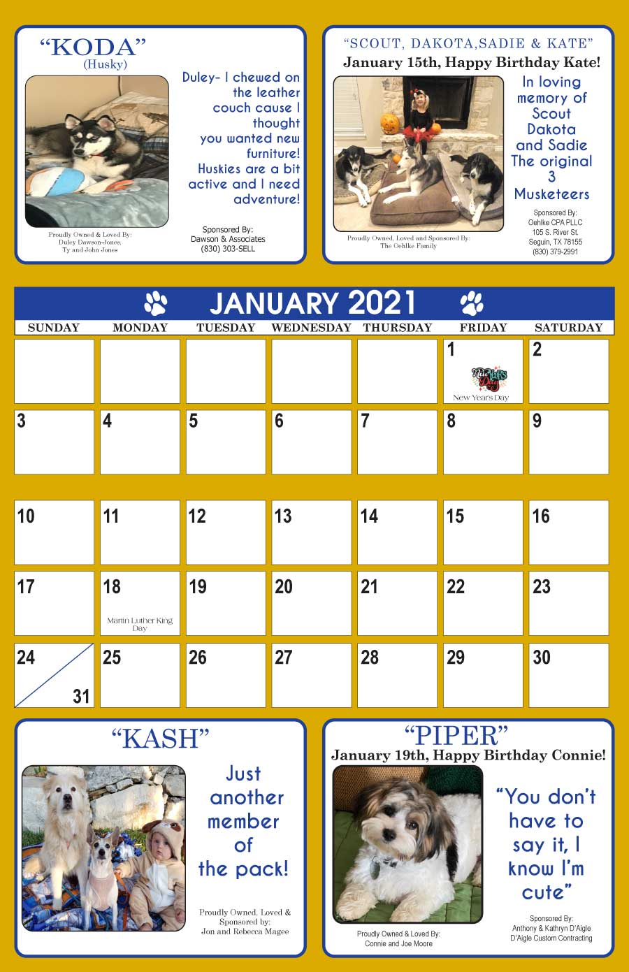 Guadalupe County Humane Society Calendar - January